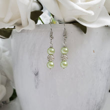 Load image into Gallery viewer, handmade pair of pearl and crystal drop earrings - light green or Custom Color - Pearl Drop Earrings - Earrings - Dangle Earrings