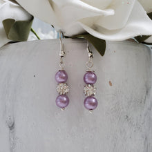 Load image into Gallery viewer, handmade pair of pearl and crystal drop earrings - lavender purple or Custom Color - Pearl Drop Earrings - Earrings - Dangle Earrings