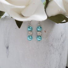 Load image into Gallery viewer, handmade pair of pearl and crystal drop earrings - aquamarine blue or Custom Color - Pearl Drop Earrings - Earrings - Dangle Earrings