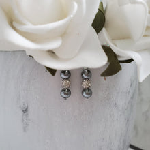 Load image into Gallery viewer, handmade pair of pearl and crystal drop earrings - dark grey or Custom Color - Pearl Drop Earrings - Earrings - Dangle Earrings
