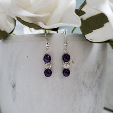 Load image into Gallery viewer, handmade pair of pearl and crystal drop earrings - dark purple or Custom Color - Pearl Drop Earrings - Earrings - Dangle Earrings