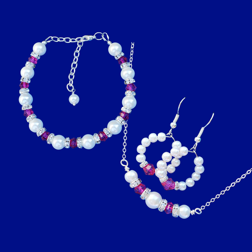 Bridal Party Gifts - Jewelry Sets - Bridesmaid Proposal - handmade pearl and crystal bar necklace accompanied by a bracelet and a pair of hoop earrings, white and pink or custom color