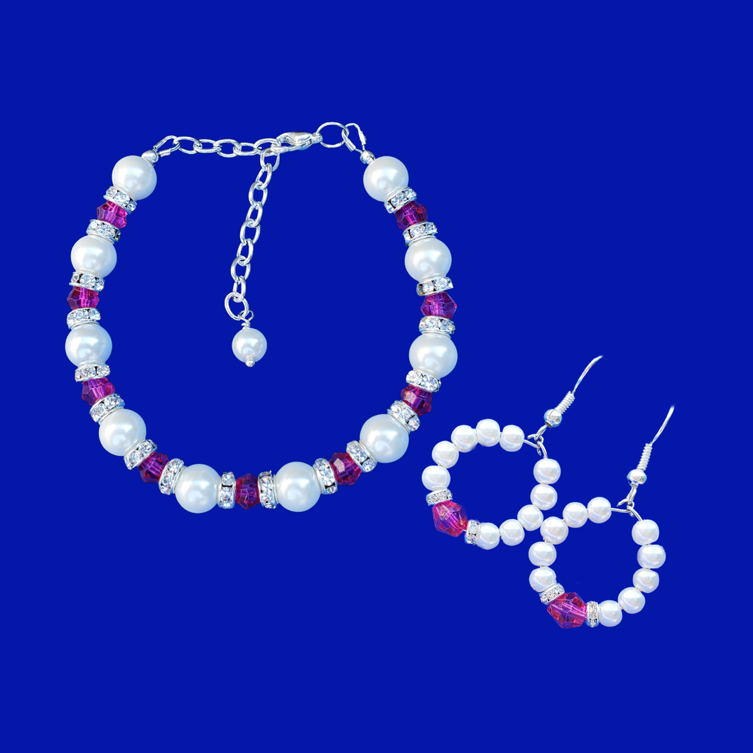 handmade pearl and crystal  bracelet accompanied by a pair of hoop earrings