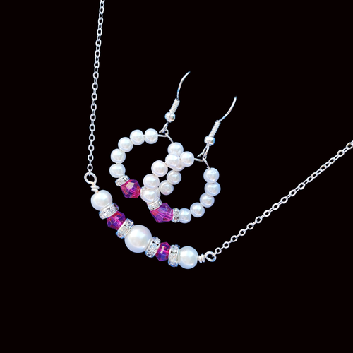 Necklace And Earring Set - Pearl Set - Jewelry Sets, pearl and swarovski crystal bar necklace accompanied by a pair of hoop earring jewelry set, white and pink or custom color