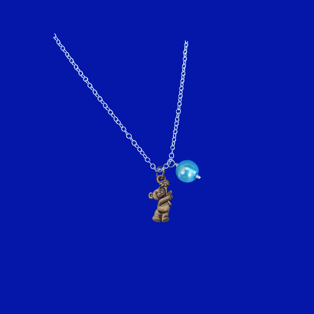 This handmade teddy bear pearl charm necklace, aquamarine blue or custom color