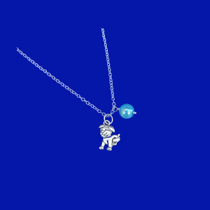 Puppy Dog Pearl Charm Drop Necklace, aquamarine blue or custom color