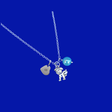 Load image into Gallery viewer, handmade pearl personalized dog or puppy charm drop necklace, aquamarine blue or custom color