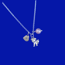 Load image into Gallery viewer, handmade pearl personalized dog or puppy charm drop necklace, lavender purple or custom color