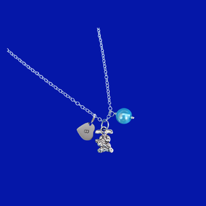 handmade monogram bunny rabbit expandable pearl charm necklace, aquamarine blue or custom color
