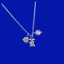Load image into Gallery viewer, handmade monogram bunny rabbit expandable pearl charm necklace, lavender purple or custom color