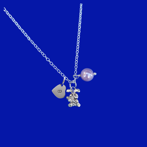 handmade monogram bunny rabbit expandable pearl charm necklace, lavender purple or custom color