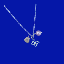 Load image into Gallery viewer, handmade pearl and butterfly initial charm necklace, lavender purple or custom color
