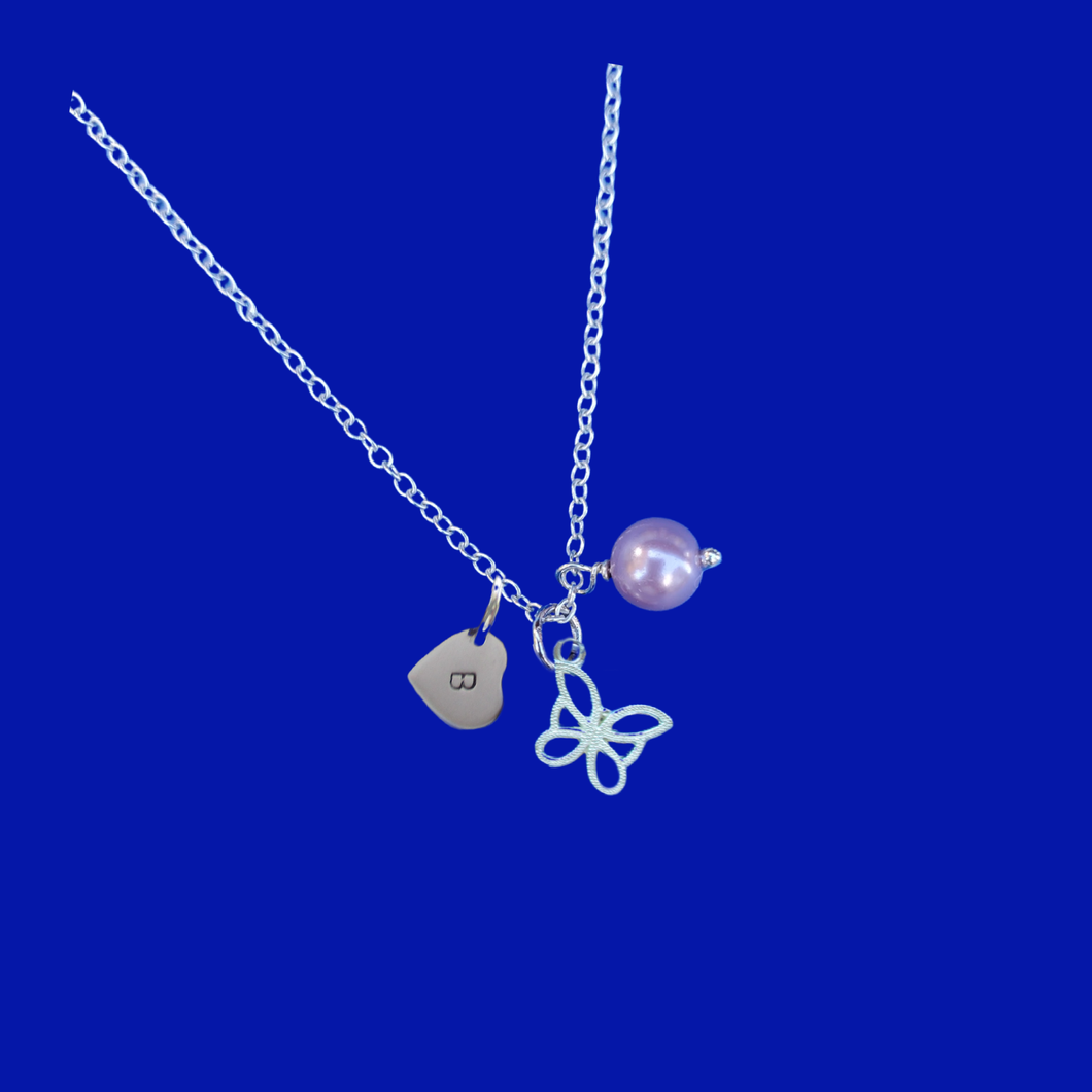handmade pearl and butterfly initial charm necklace, lavender purple or custom color