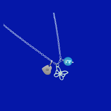 Load image into Gallery viewer, handmade pearl and butterfly initial charm necklace, aquamarine blue or custom color