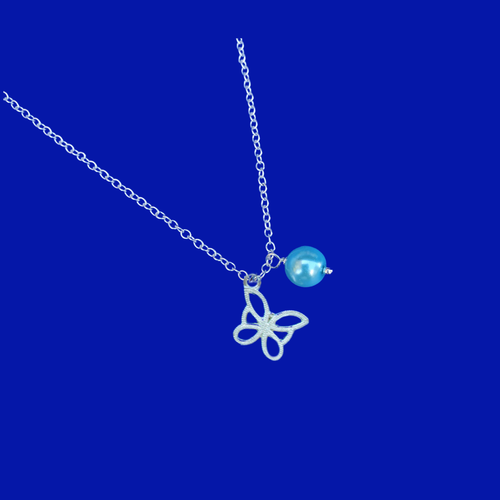 Butterfly Necklace - Summer Necklace - Necklaces - A handmade pearl and silver butterfly drop necklace. Aquamarine blue or custom color
