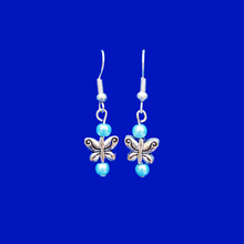 Load image into Gallery viewer, Butterfly Earrings - Pearl Earrings - Earrings, Handmade Butterfly Pearl Drop Earrings, aquamarine blue or custom color