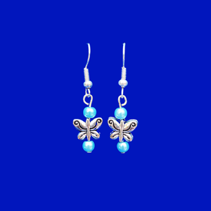Butterfly Earrings - Pearl Earrings - Earrings, Handmade Butterfly Pearl Drop Earrings, aquamarine blue or custom color