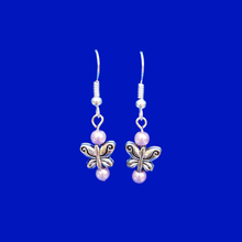 Load image into Gallery viewer, Butterfly Earrings - Pearl Earrings - Earrings, Handmade Butterfly Pearl Drop Earrings, lavender purple or custom color