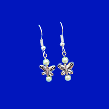 Load image into Gallery viewer, Butterfly Earrings - Pearl Earrings - Earrings, Handmade Butterfly Pearl Drop Earrings, white or custom color