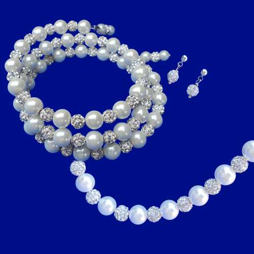 Bride Jewelry - Jewelry Sets - Pearl Set - handmade pearl and crystal necklace accompanied by an expandable, multi-layer, wrap bracelet and a pair of crystal stud earrings, white or custom color