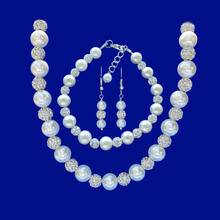Load image into Gallery viewer, Bride Jewelry - Jewelry Sets - Pearl Set - A handmade crystal and pearl necklace accompanied by a matching bracelet and drop earrings. white and silver clear or custom color