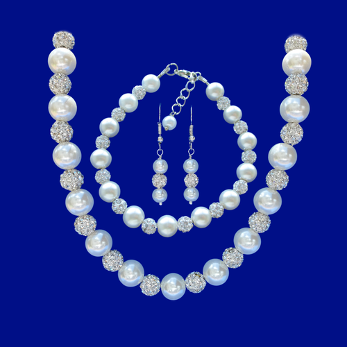 Bride Jewelry - Jewelry Sets - Pearl Set - A handmade crystal and pearl necklace accompanied by a matching bracelet and drop earrings. white and silver clear or custom color