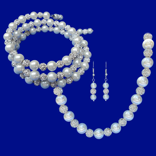 Jewelry Sets - Bride Gift - Bridal Party Gifts - handmade pearl and crystal necklace accompanied by an expandable, multi-layer, wrap bracelet and a pair of drop earrings, white and silver clear or custom color