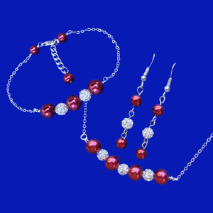 Pearl Set - Jewelry Sets - Maid Of Honor Gift - handmade pearl and crystal bar necklace accompanied by a matching bracelet and a pair of drop earrings, bordeaux red and silver or custom color