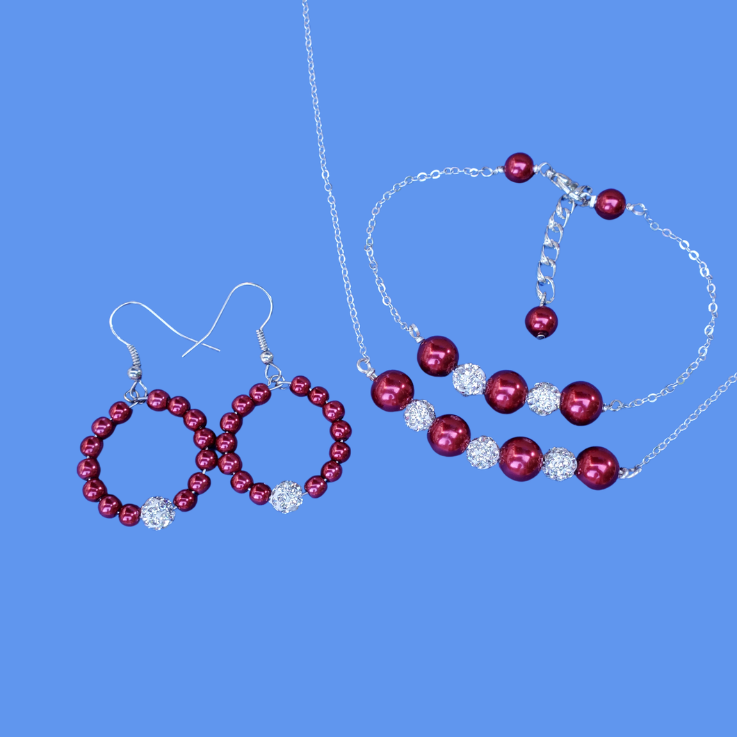 Simple Bridal Sets - Jewelry Sets - Necklace Set - handmade pearl and crystal bar necklace accompanied by a bar bracelet and a pair of hoop earrings, bordeaux red or custom color