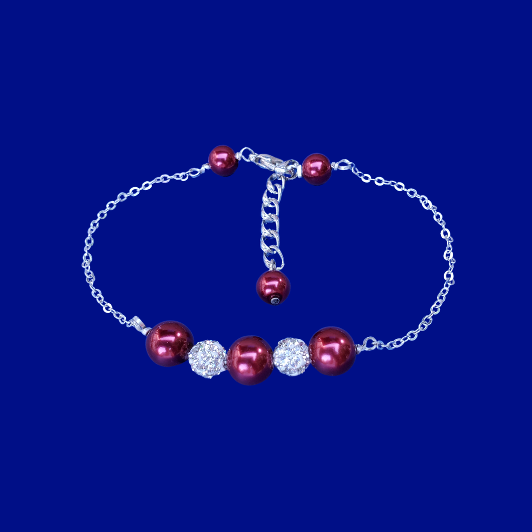 Pearl Bracelet - Bracelets - Bridesmaid Proposal - handmade pearl and crystal bar bracelet, bordeaux red or custom color