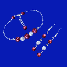 Load image into Gallery viewer, Bridesmaid Jewelry - Bracelet Sets - Pearl Jewelry Set - handmade pearl and crystal bar bracelet and drop earrings, bordeaux red or custom color