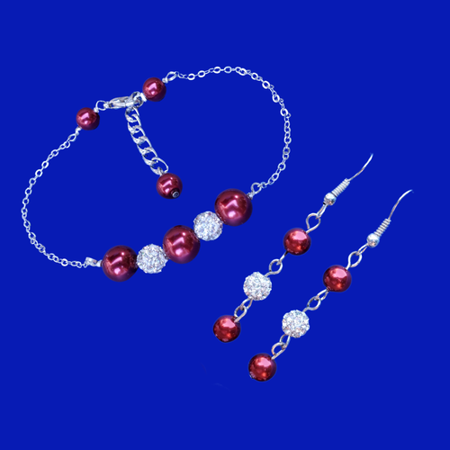 Bridesmaid Jewelry - Bracelet Sets - Pearl Jewelry Set - handmade pearl and crystal bar bracelet and drop earrings, bordeaux red or custom color