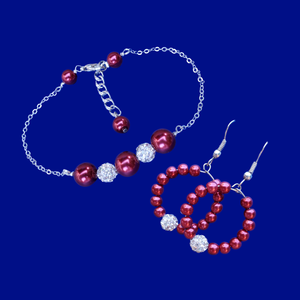 Bracelet Sets - Pearl Set - Bridal Jewelry Set - A handmade pearl and crystal bar bracelet accompanied by a pair of hoop earrings. silver and red or silver and custom color