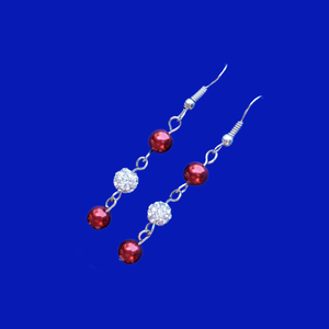 Pearl Drop Earrings - Earrings, handmade pearl and crystal pair of drop earrings, bordeaux red or custom color