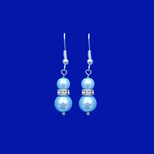 Load image into Gallery viewer, handmade pearl and crystal drop earrings, light blue or custom color - Drop Earrings - Earrings - Pearl Earrings