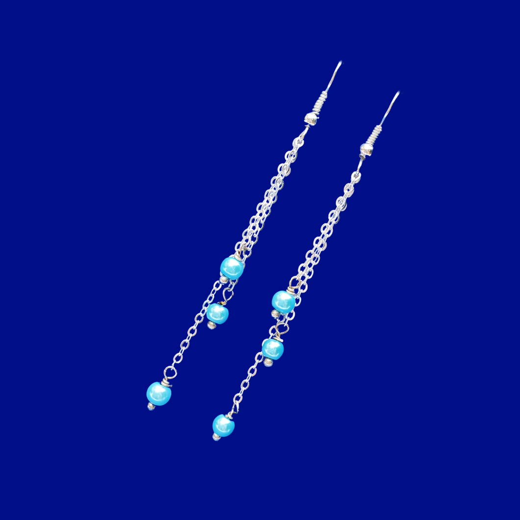 Pearl Earrings - Drop Earrings - Earrings, handmade pair of pearl multi-strand drop earrings, aquamarine blue or custom color
