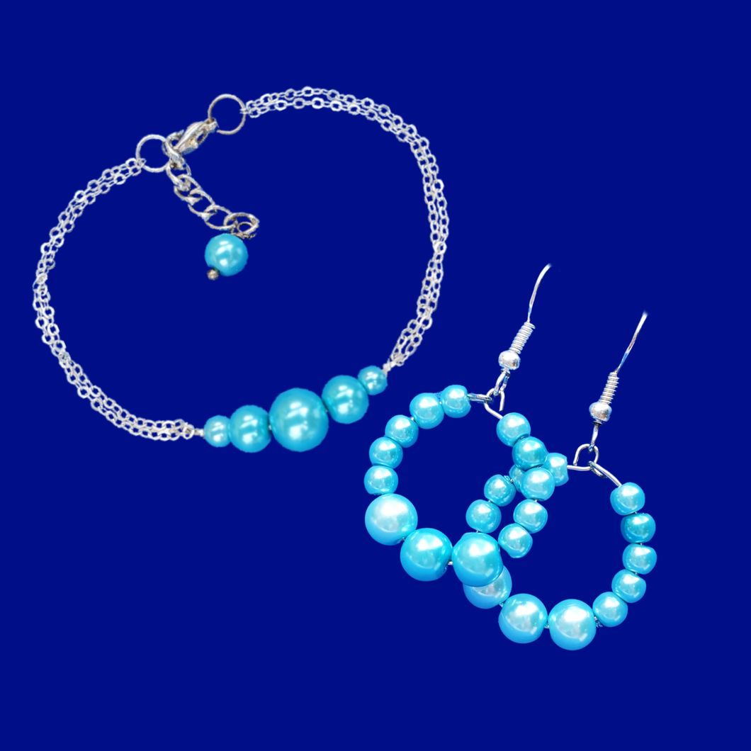 Bracelet Sets - Earring Sets - Pearl Jewelry Set, handmade pearl bar bracelet accompanied by a pair of hoop earrings, aquamarine blue or custom color