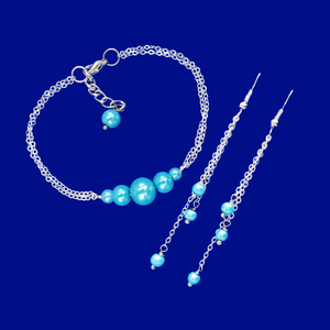 Pearl Jewelry Set - Earring Sets - Bracelet Sets, handmade pearl bar bracelet accompanied by a pair of multi-strand drop earrings, aquamarine blue or custom color