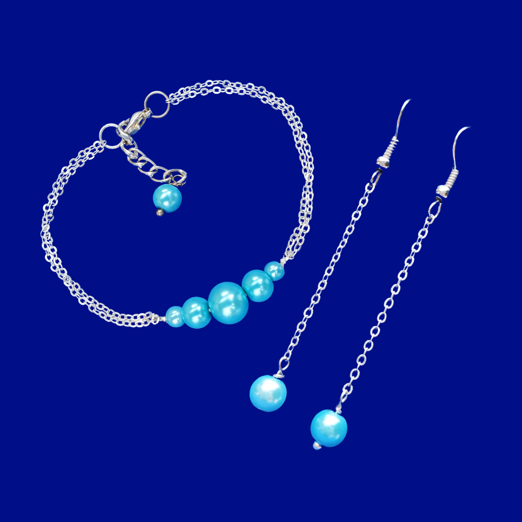 Earring Sets - Bracelet Sets, handmade pearl bar bracelet accompanied by a pair of drop earrings, aquamarine blue or custom color