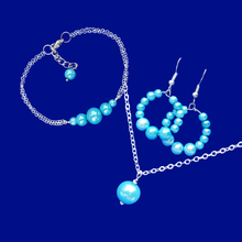 Load image into Gallery viewer, handmade drop necklace accompanied by a bar bracelet and a pair of hoop earrings, aquamarine blue or custom color - Jewelry Sets - Bridesmaid Jewelry - Necklace Set