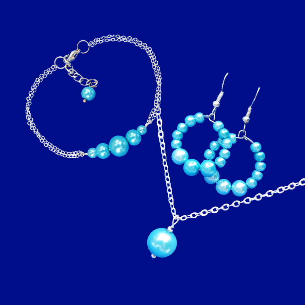 handmade drop necklace accompanied by a bar bracelet and a pair of hoop earrings, aquamarine blue or custom color - Jewelry Sets - Bridesmaid Jewelry - Necklace Set