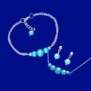 handmade pearl bar necklace accompanied by a matching bracelet and a pair of stud earrings, aquamarine blue or custom color - Pearl Set - Necklace Set - Jewelry Sets - Bridal Sets