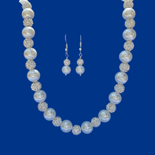Load image into Gallery viewer, Necklace And Earring Set - Bride Gift - Bridal Gifts - A handmade pearl and crystal necklace accompanied by a pair of drop earrings. white or custom color