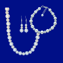 Load image into Gallery viewer, Jewelry Sets - Bride Gift - Maid Of Honor Gift - handmade pearl and crystal necklace accompanied by a matching bracelet and a pair of drop earrings, white or custom color