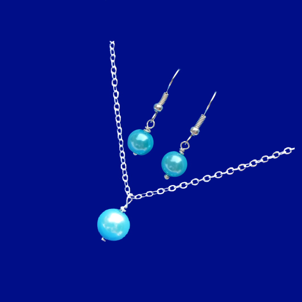 Necklace And Earring Set - Cheap Bridal Jewelry Sets - handmade drop necklace accompanied by a pair of earrings, aquamarine blue or custom color