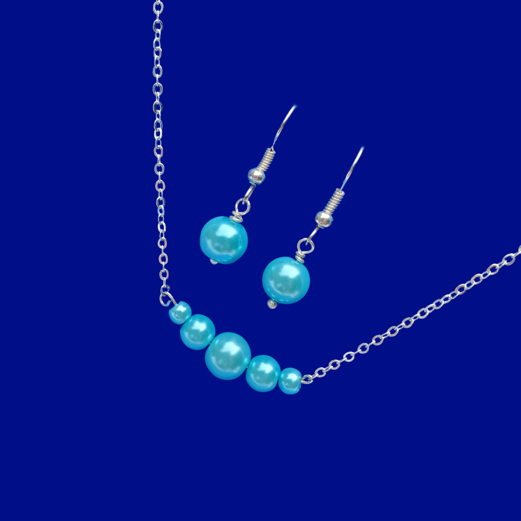 Pearl Set - Necklace And Earring Set - Necklace Set, handmade pearl bar necklace accompanied by a pair of earrings, aquamarine blue or custom color