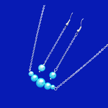 Load image into Gallery viewer, handmade bar necklace accompanied by a pair of drop earrings - aquamarine blue or custom color - Necklace And Earring Set - Pearl Set - Necklace Set