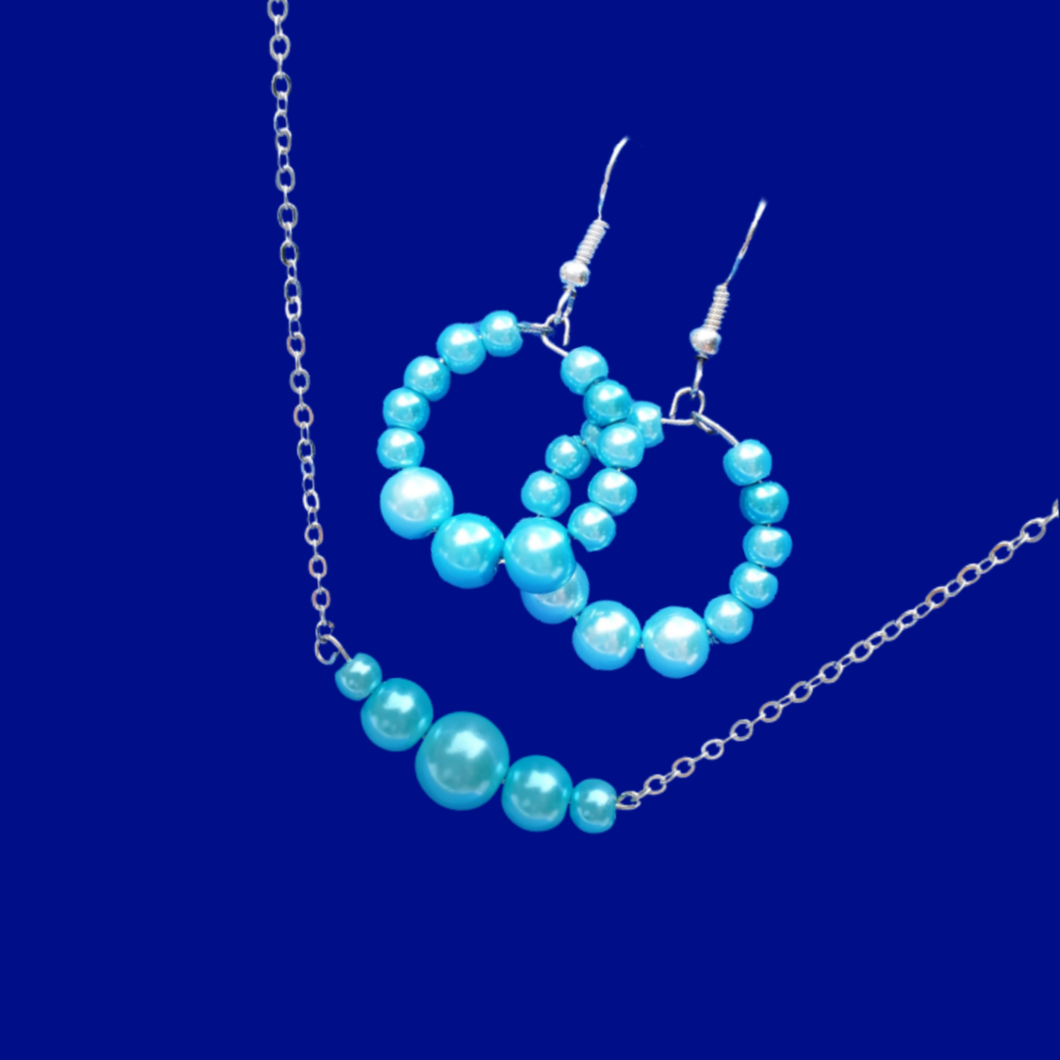 Necklace And Earring Set - Bridal Sets - Pearl Set - handmade bar necklace accompanied by a pair of hoop drop earrings, aquamarine blue or custom color
