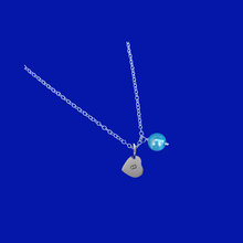 Load image into Gallery viewer, Personalized Initial Pearl Drop Necklace, aquamarine blue or custom color
