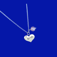 Load image into Gallery viewer, Bride Necklace - Bride Gift - Bride Jewelry, bride pearl drop charm necklace, lavender purple or custom color